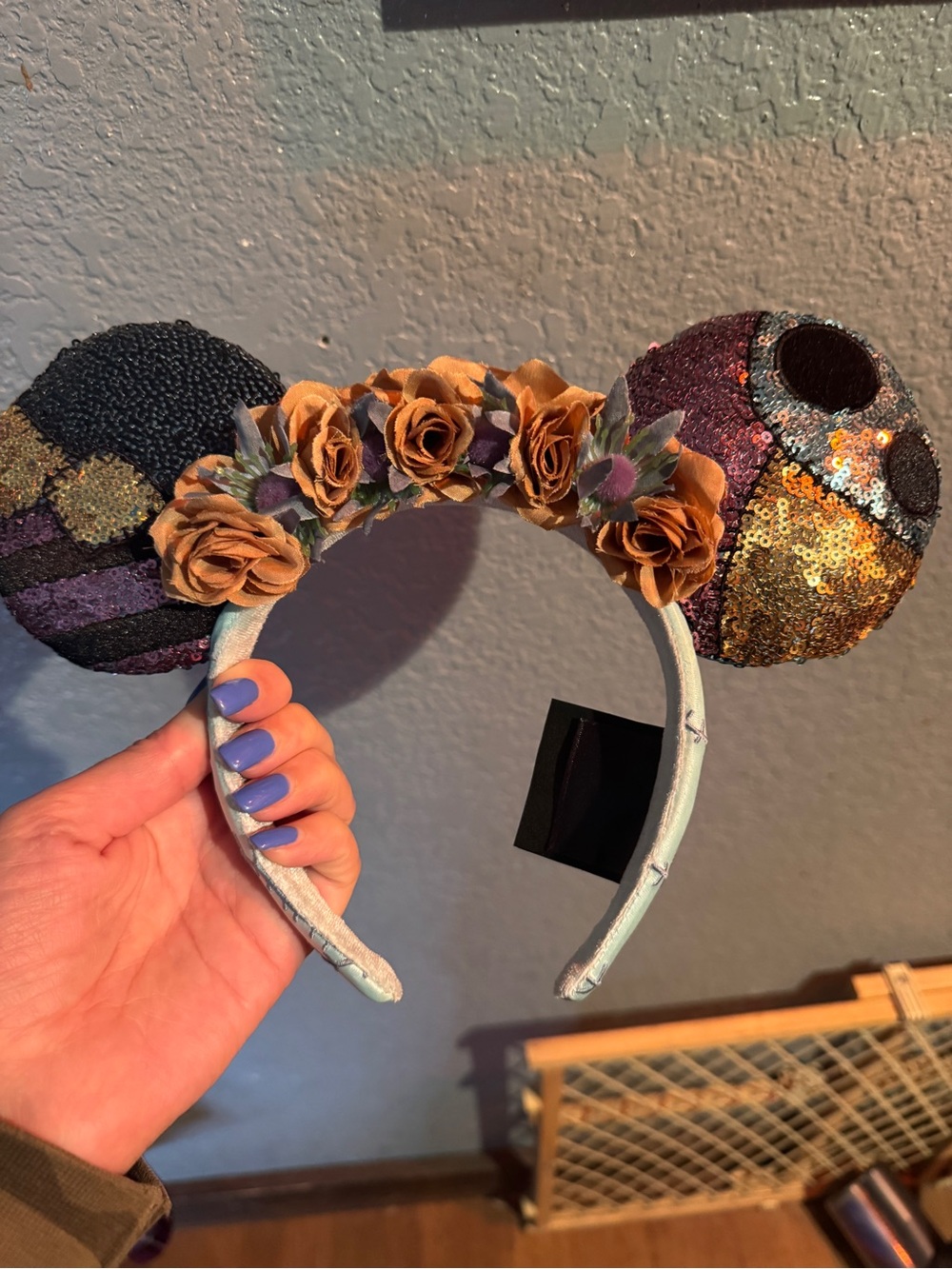 Nightmare Before Christmas Sequin Floral Mouse Ear Headband in Gold and Purple